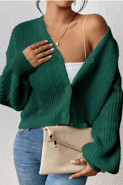 Tarz Cool Women's Green V-Neck Long Sleeve Buttoned Knitwear Cardigan