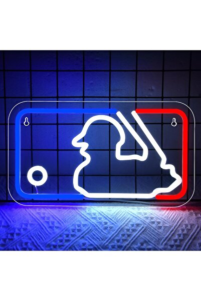 Slasa لوحة نيون LED للبيسبول – 35 × 20 سم، مصباح جداري رياضي أزرق وأحمر وأبيض