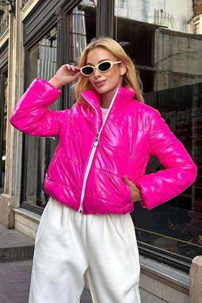 yesıl sarmasık 35 Pink Shiny Water Repellent D Mock Neck Short Inflatable Coat