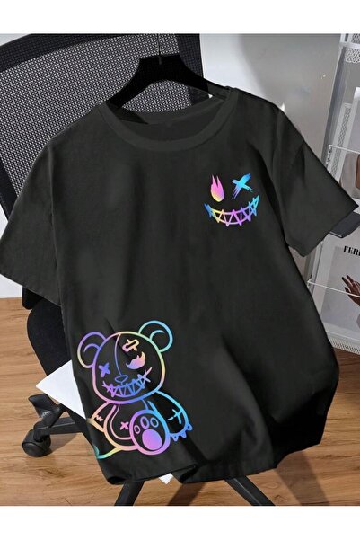 Oceanwear تيشيرت أسود سادة بأكمام قصيرة وياقة دائرية تيدي بير مطبوع