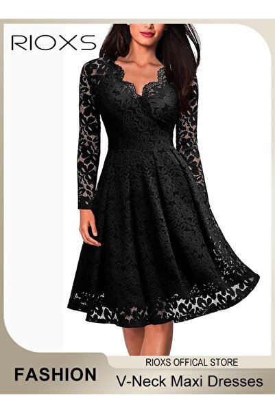 RIOXS Women's V Neck Floral Lace Midi Dress, Elegant A-Line Long Sleeve High ...