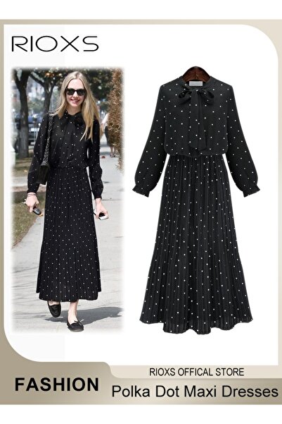 RIOXS Women's Long Sleeve Chiffon Polka Dot Long Dresses, Bohemian Bow Tied E...