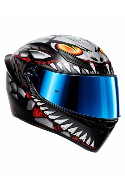 AGV KASK/K1 S E2206 LYZARD MATT BLACK GREY RED CONFİGURATİON-MAVİ VİZÖR