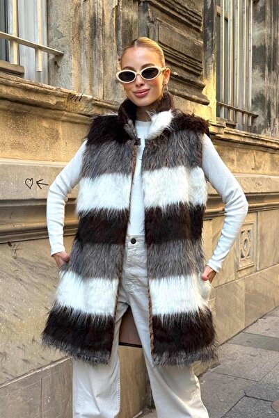 yesıl sarmasık 35 Brown White Striped Long Faux Fur Vest with Beige Leather D...