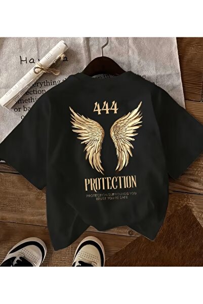 LELVANİ Women's Summer Trend Black T-Shirt with Wings and Number 444 Printed ,