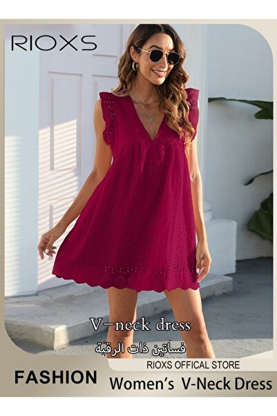 RIOXS Women Mini Dress, V-Neck Sleeveless Dress with Back Zipper, Lace Up Smo...