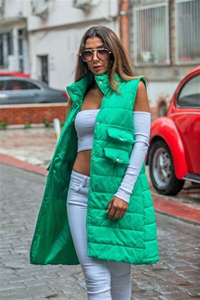 yesıl sarmasık 35 Green Stand Collar Long Puffer Vest with Pocket Detail