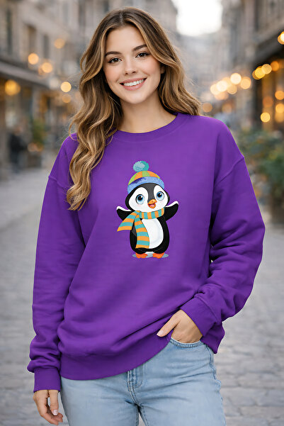 ArtYus Penguin Character Printed Relaxed Fit Fleece-Lined 3 Thread Crew Neck ...