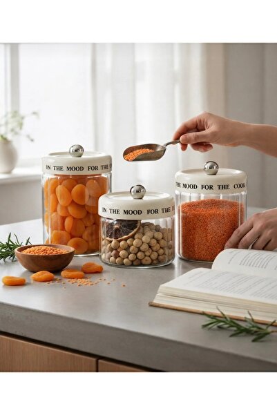 İthal 3 Pieces Vacuum Glass Jar Set 1400 ml 1100 ml 850 ml Snack Bowl Legumes...