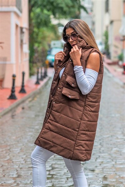 Generic Brand Brown Stand Collar Long Puffer Vest with Pocket Detail
