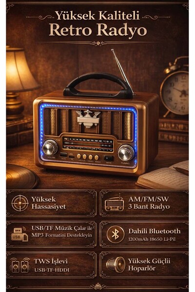 FaroxTech Yüksek Ses Kaliteli Ahşap Görünümlü Retro Bluetooth Hoparlör FM/AM/...