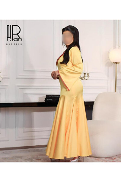 DRM "Dar Reem" cream yellow evening dress - with a royal red hand-embroidered...