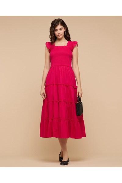 R&B فستان متعدد الطبقات بتصميم ذاتي مع ياقة مربعة وأكمام واسعة