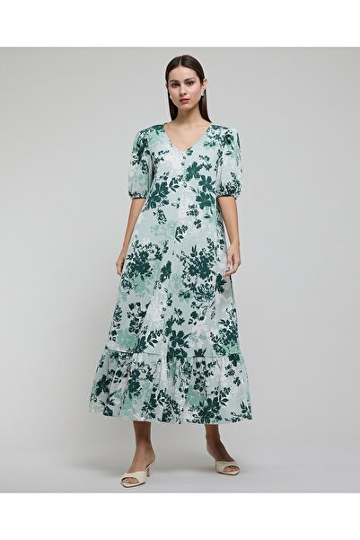 R&B فستان مطبوع بقصة A-Line مع فتحة رقبة على شكل حرف V وأكمام منفوخة