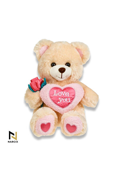 NARCIX Beige teddy bear NARCIX® with embroidered pink heart and decorative ro...