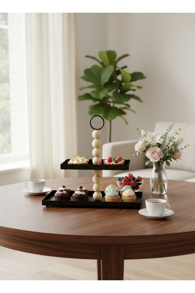 Living حامل حلويات معدني من طبقتين بلمسة خشبية، 32 سم