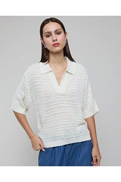 R&B Openwork Knit Top With Shirt Collar And Short Sleeves