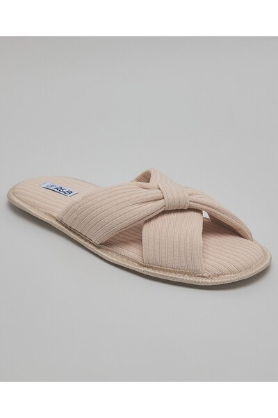 R&B Women's Beige Ribbed Bedroom Slippers