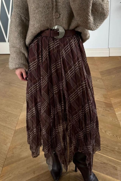 sunfyre Women's Asymmetrical Plaid Patterned Chiffon Long Skirt.Sun250