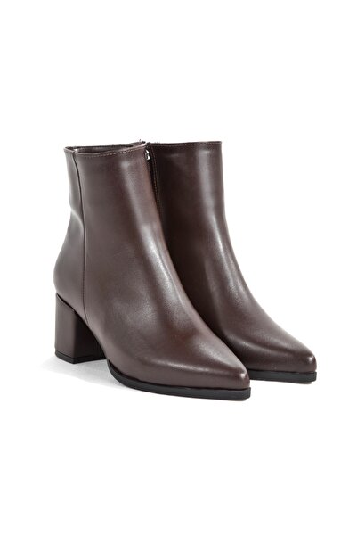 Modabuymus Dark Brown Color Short Thick Heeled Pointed Toe Women's Boots Moise