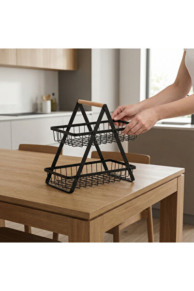 OEM Raft/Etajera Metalic Organizator, 2 Nivele, Maner Lemn, Negru, 22x14x23,5 cm