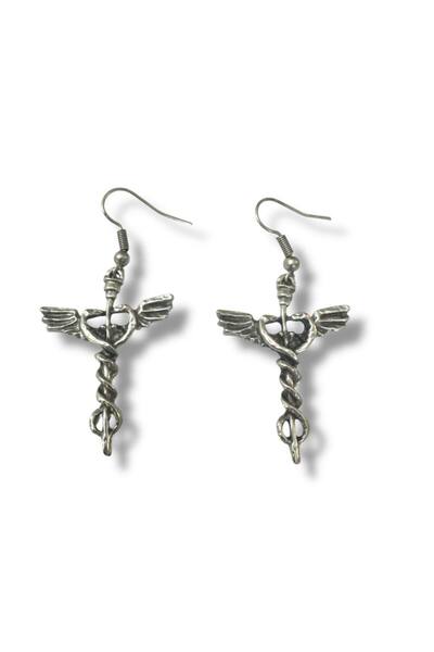 Yuchicly Silver Color Dangle Women's Earrings with Antique Winged Staff Design