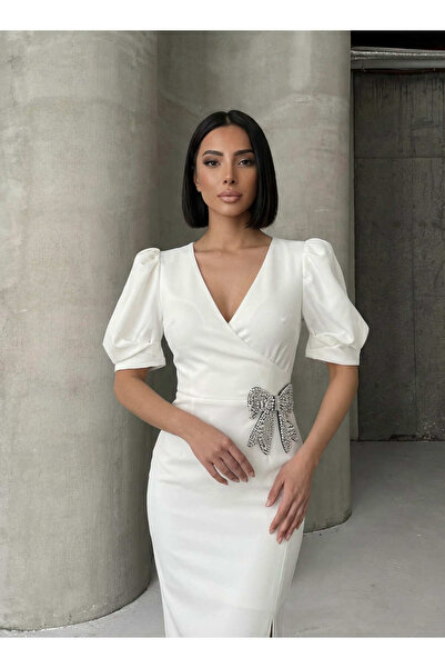 ALFUDO Moda Collection White V-Neck Balloon Sleeve Stone Bow Detail Maxi Dress