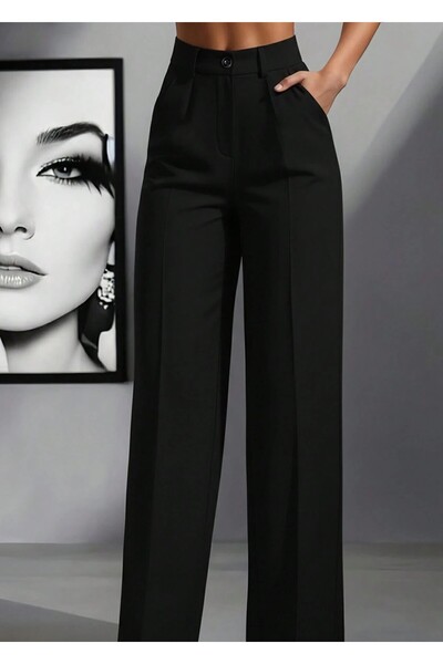 Hera Moda Women's Black High Waist Pleated Loose Fit Trousers