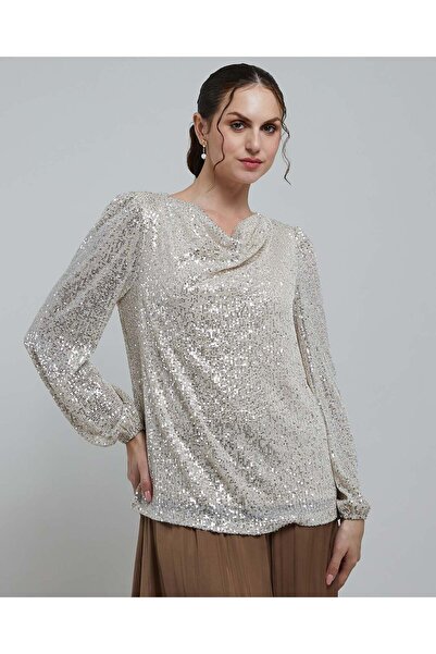 R&B Sequined Top With Cowl Neck And Long Sleeves