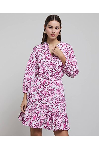 R&B Floral Print Shirt Dress With Puff Sleeves