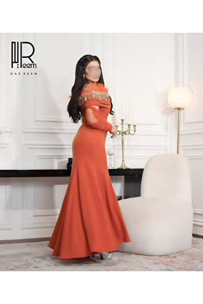 DRM DAR REEM Royal Orange Evening Dress - Adorned with feathers and heavy han...