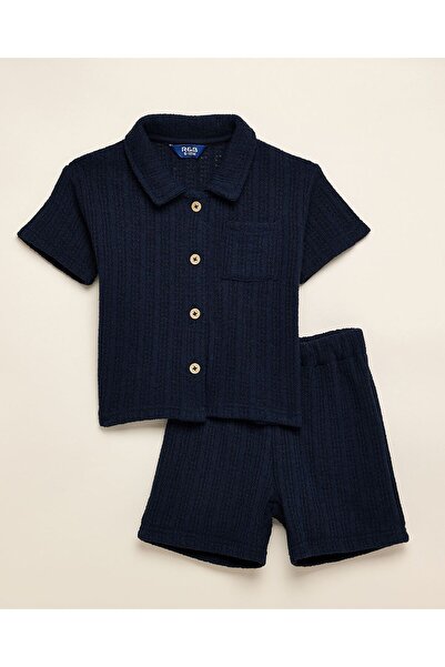 R&B Boy's Navy Blue Textured Shirt And Shorts Set
