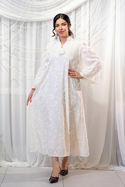 Hasnaa Abaya Elegant white Ramadan jalabiya with white rose embroidery