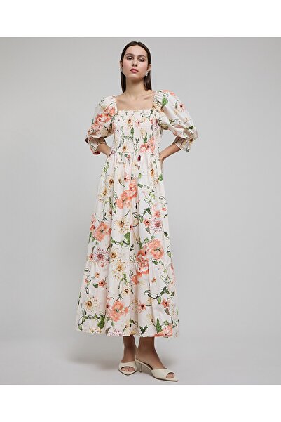 R&B فستان ماكسي مطبوع عليه زهور بياقة مربعة وأكمام منفوخة