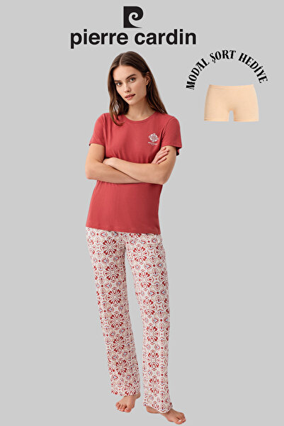 Pierre Cardin Women's Red Wide Collar Pocket Detailed Pajama Set (Modal Short...