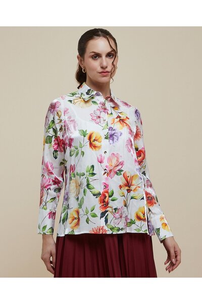 R&B Floral Print Shirt With Classic Collar And Long Sleeves