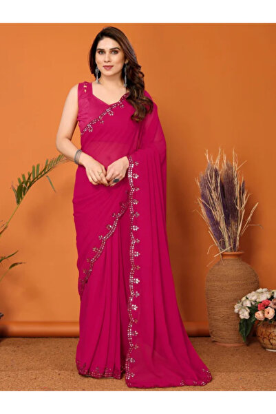 MYSMAR Pink Georgette Saree - FFT4742 | Pink