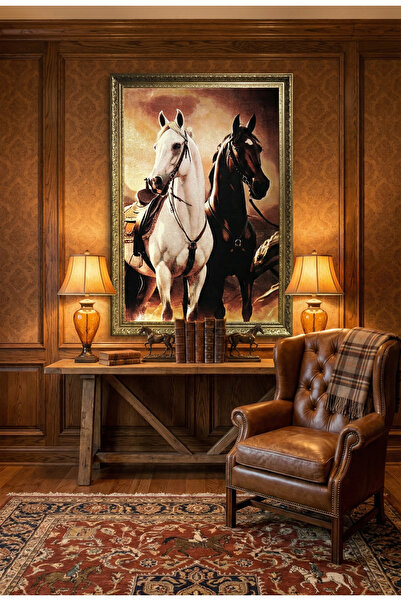 Sibela Halı İran İpeği Halı Tablo - At Figürlü Klasik Çerçeveli Duvar Dekoru