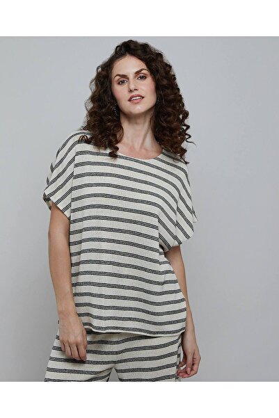 R&B Striped Top With Round Neck And Short Sleeves