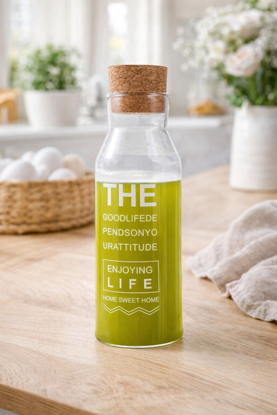 Homerest 1 Litre Mantar Kapaklı Cam Su Şisesi, Motivasyon Şisesi, Mantar Kapa...