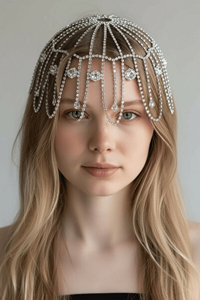 TAKIŞTIR Gümüş Renk Taş Detaylı Saç Aksesuarı/Kına Aksesuarı