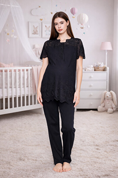 Yulem Homewear Black Fisto Linen Design Maternity Pajama Set