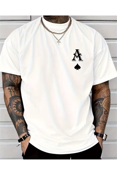 LELVANİ Poker a Printed , Comfortable Casual White T-Shirt for Men,