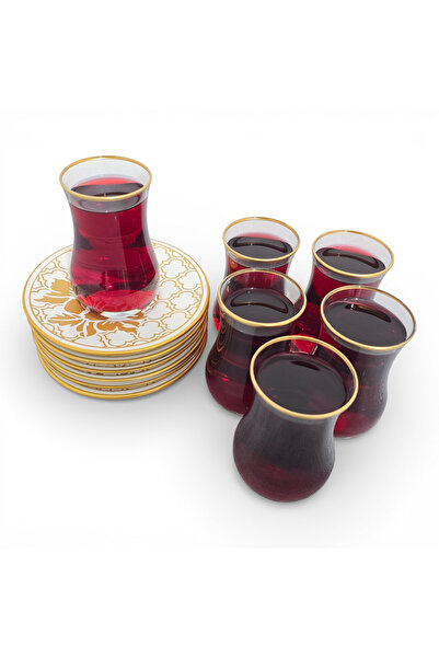 Sudedi Home Gold Gilded Patterned Tea Cup Set 6 Person Glass Tea Set