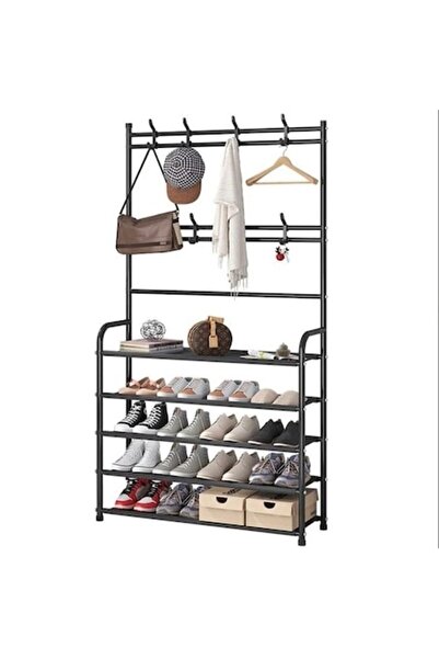 nizi Coat rack with shoe support, 4 shelves, black