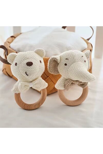 Denn Store Set of 2 baby teething toys/rings – knitted bear & elephant, woode...
