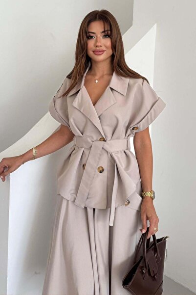 ZISHAN سترة نسائية بيج بتصميم السفاري مع حزام وتنورة واسعة طقم من قطعتين 805