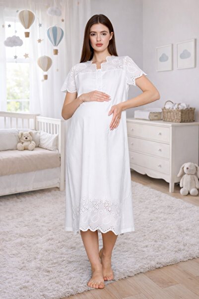 Yulem Homewear Ecru Fisto Linen Special Design Cotton Maternity Nightgown