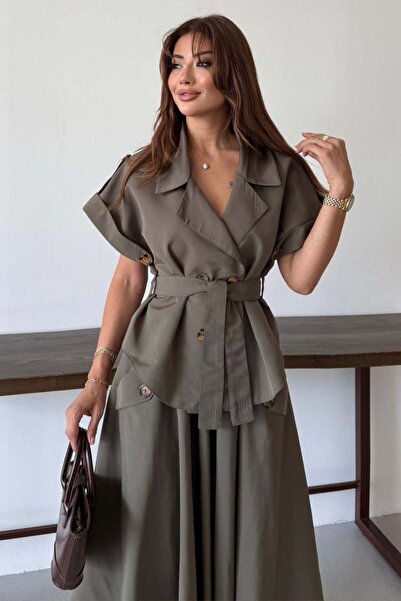 ZISHAN Women's Beige Safari Style Belted Jacket Flared Skirt Two-Piece Set 805