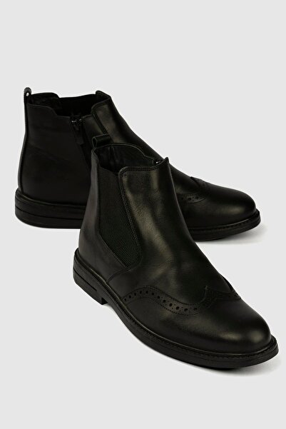 Mubiano Men's Genuine Leather Chelsea Boots Brogue Detailed Arthur Black